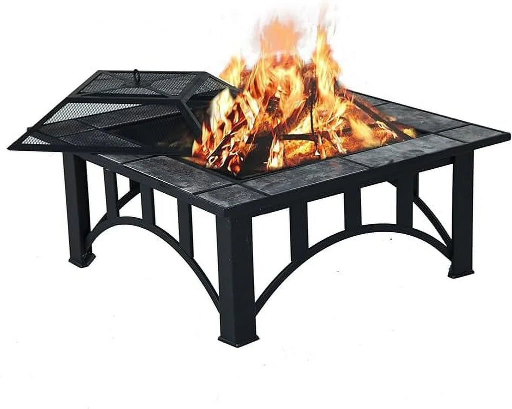 with Heating, Fire Marble Square Burning Poker Wood Fire Patio Pits Tile and Patio Tables 35'' Bonfire,Camping,Outdoor Grand Spark for for Outside Screen Tabletop