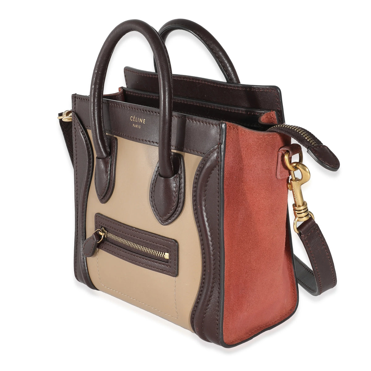 Celine Tri-Colour Brown Beige Burgundy Leather Luggage Nano Suede Pre-Owned