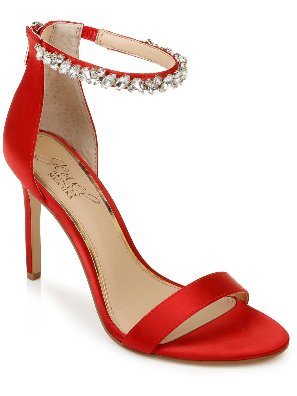 Ankle Unique MISCHKA BADGLEY M Embellished Sandals Toe Zip-Up 8.5 Shoes Strap JEWEL Stiletto Womens Round Red Dress
