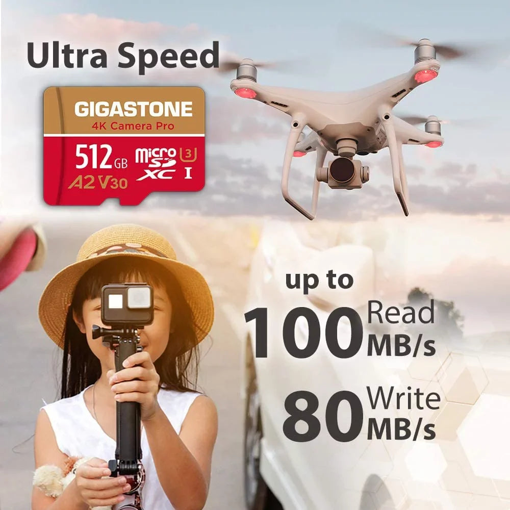 V30 Recording, GoPro Micro SD with Cameras, SDXC Camera Card, 4K MB/s, 512GB Switch, up Video Dash compatible UHS-I Micro Class 4K A1 Nintendo R/W 100/60 10 Cam, Pro, to Gigastone
