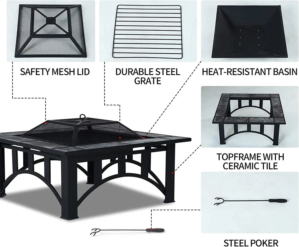 with Heating, Fire Marble Square Burning Poker Wood Fire Patio Pits Tile and Patio Tables 35'' Bonfire,Camping,Outdoor Grand Spark for for Outside Screen Tabletop
