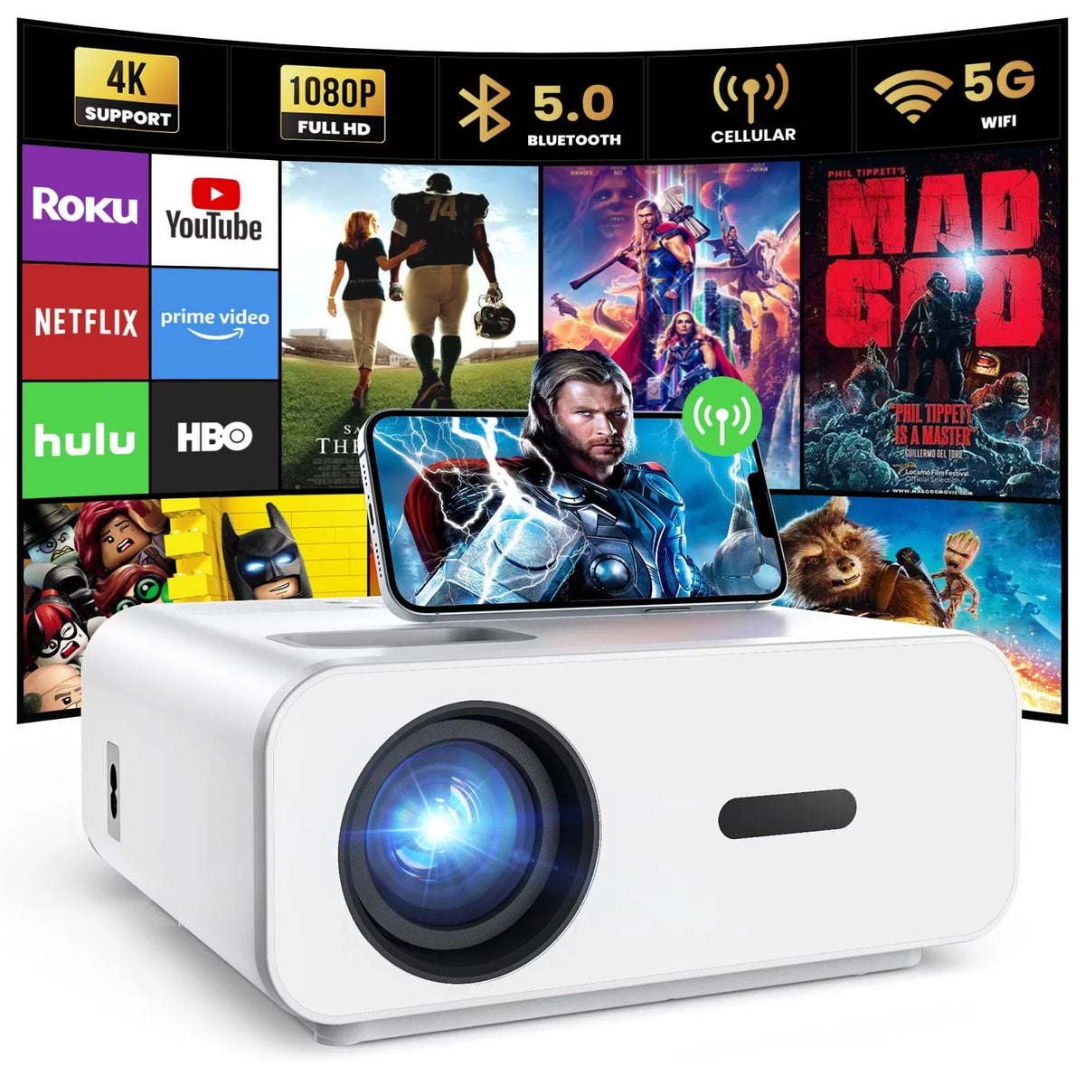 Movie Projector Video with Mini Support Wifi Projector Projector 5G/2.4G , Theater For 4K Home 12000LM Outdoor Portable Bluetooth, 1080P Projector and AUOSHI ,