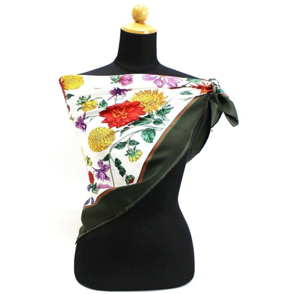 Flower Muffler x Women's Dahlia Khaki Stole Scarf Old White Silk (Good) Pre-Owned