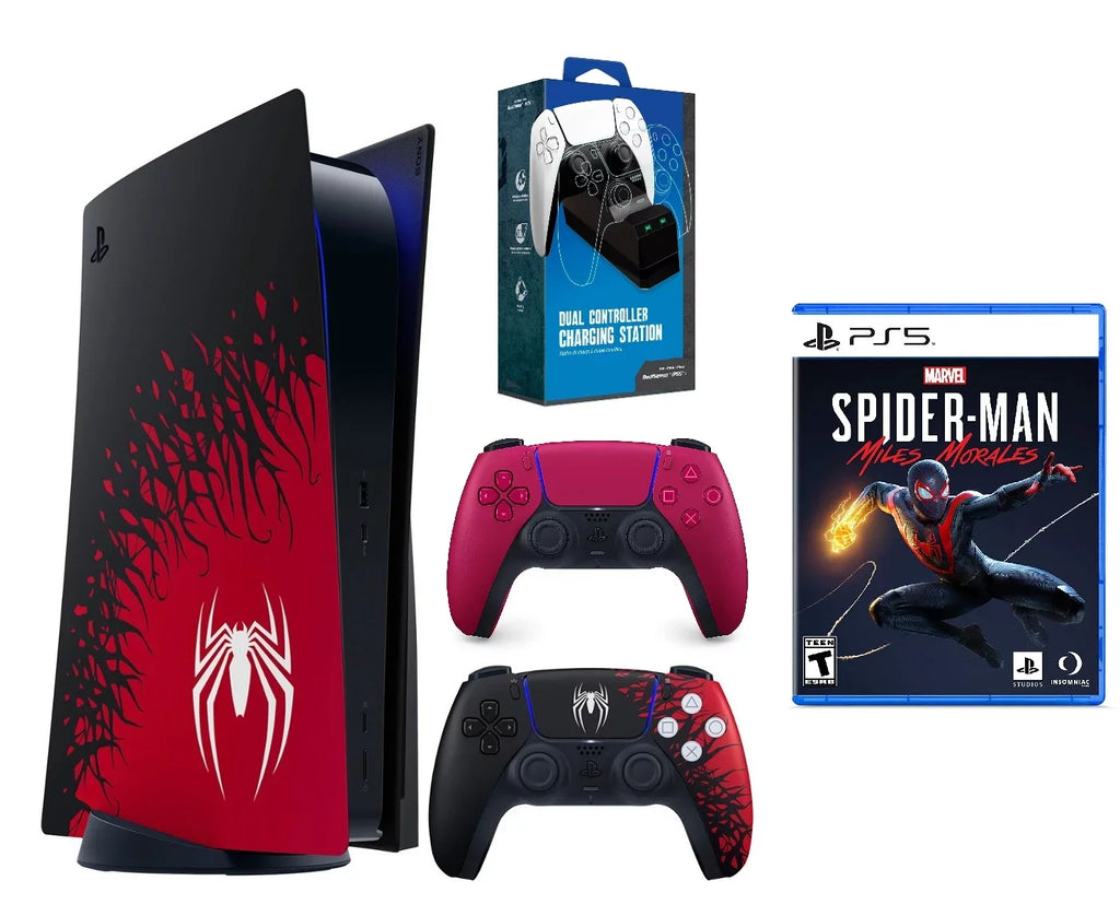 & Controller, With Miles Morales 2 5 Bundle Spider-Man – Dual Marvel’s Console Charger PlayStation Red DualSense Game,