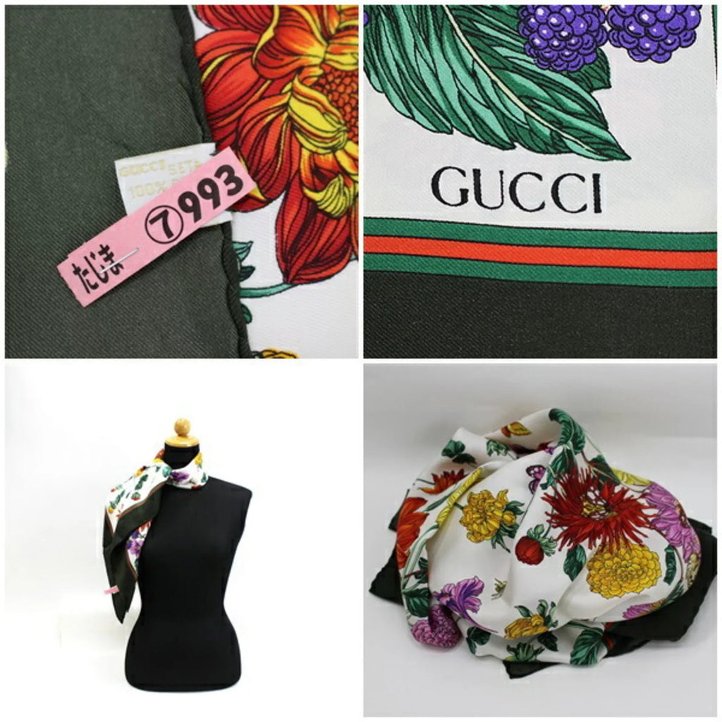 Flower Muffler x Women's Dahlia Khaki Stole Scarf Old White Silk (Good) Pre-Owned