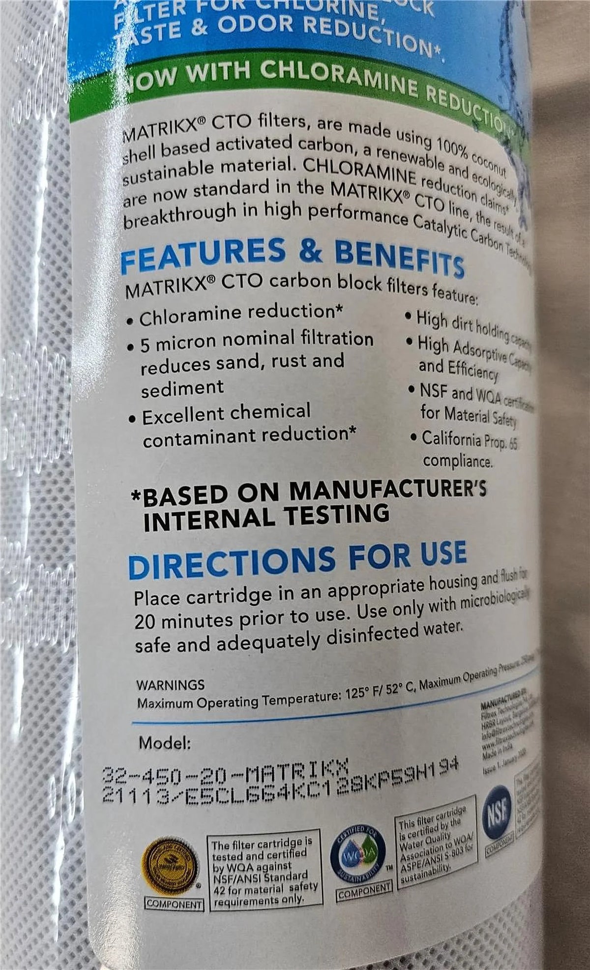 MatriKX Filter Carbon Block Micron CTO 5 (32-450-20-GREEN) Chlorine 20"x4.5" Reduction