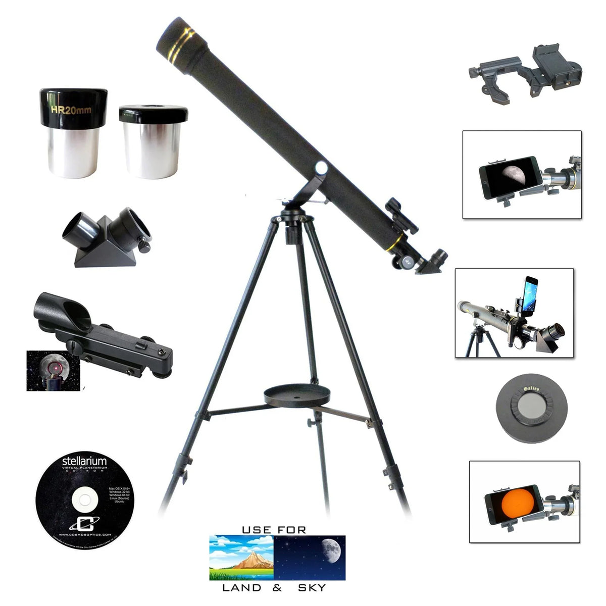 Solar Cap with 800mm and Cassini Smartphone telescope x kit Adapter 60mm Day/Night Filter