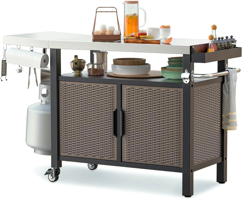 Indoor Kitchen 53-Inch Shelf Table SUSIMOND Cabinet Outdoor and Wheels Rolling Stainless Cart XL for Steel Storage Countertop, Dining Island Side with Worktable with