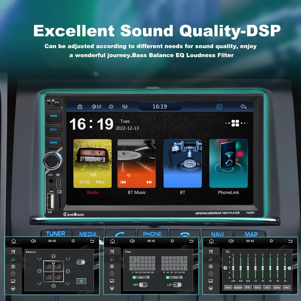 Radio Din SD Auto,Type-C FM Car Alondy Mic Voice Double AUX Link,Backup Audio Control,External Camera,Bluetooth USB,7" Touchscreen,Mirror Wireless Receiver Stereo,Compatible with CarPlay/Android DSP