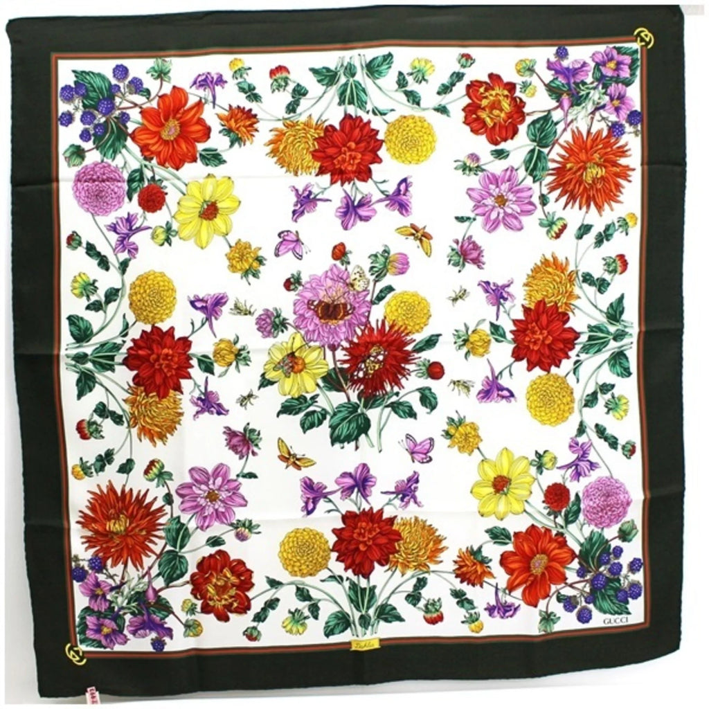 Flower Muffler x Women's Dahlia Khaki Stole Scarf Old White Silk (Good) Pre-Owned