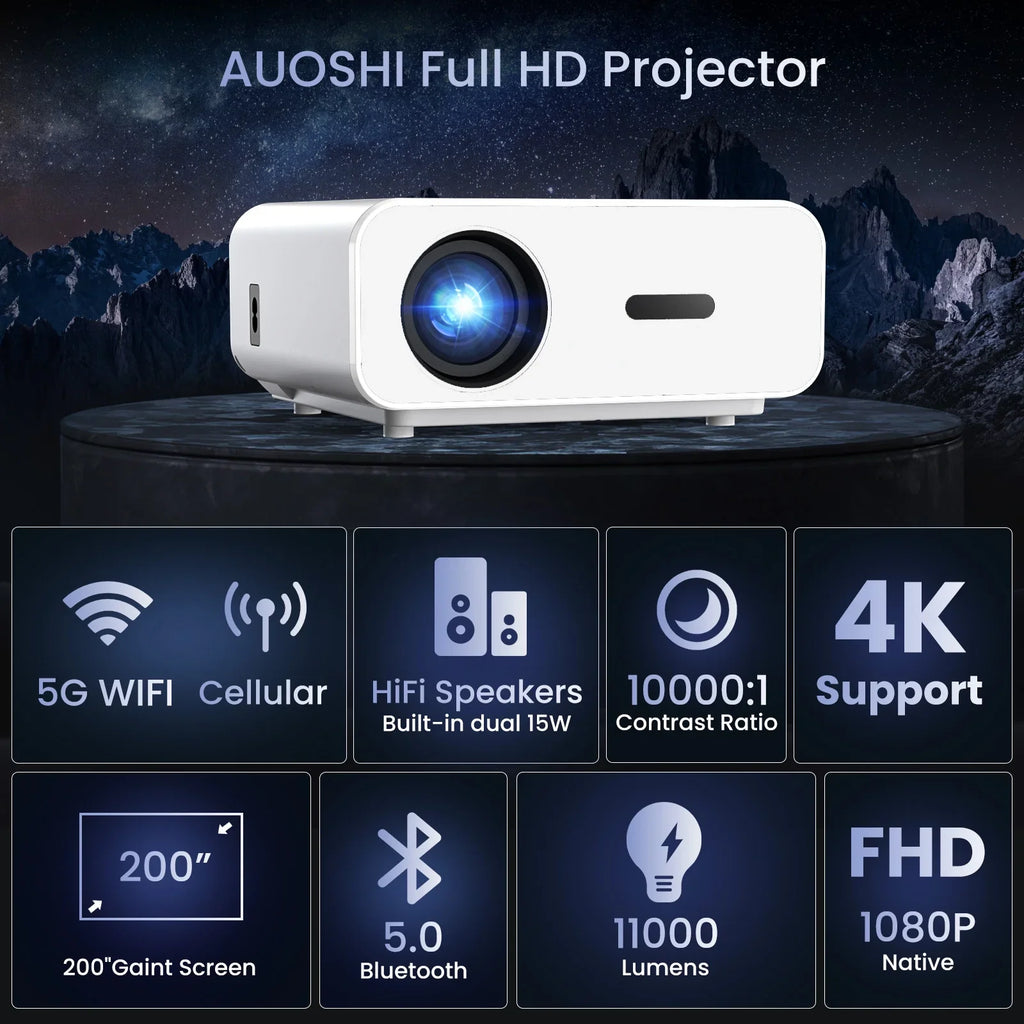 Movie Projector Video with Mini Support Wifi Projector Projector 5G/2.4G , Theater For 4K Home 12000LM Outdoor Portable Bluetooth, 1080P Projector and AUOSHI ,