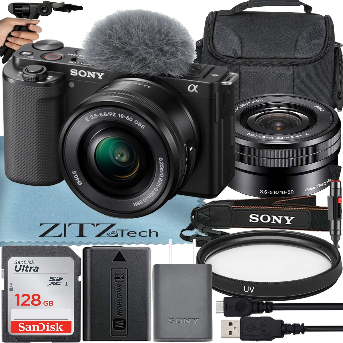 Card + Case Accessory ZeeTech Bundle 16-50mm (Black) Memory Mirrorless Vlog ZV-E10 Camera Tripod + + Lens 128GB Alpha With +